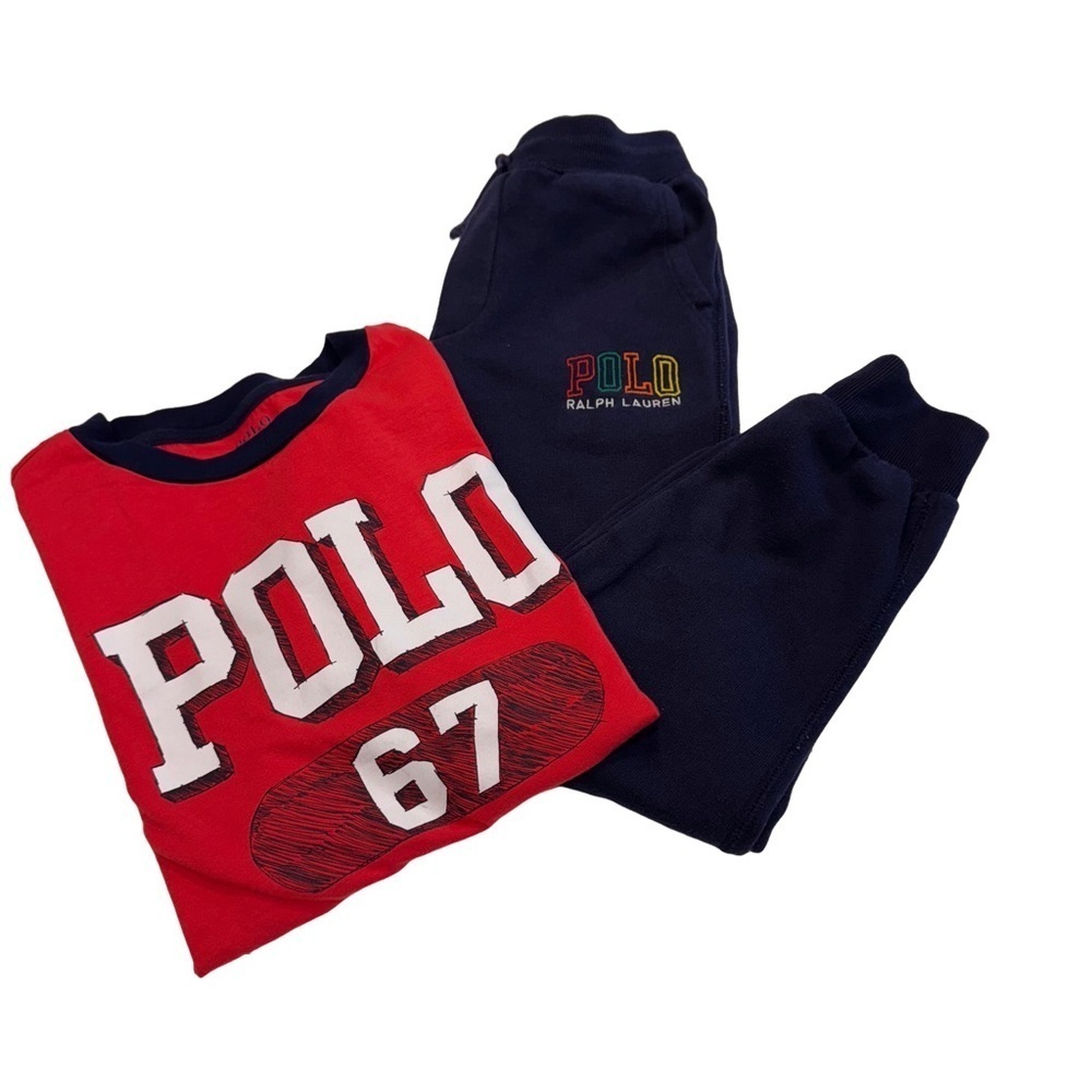 Polo Ralph Lauren Boys Set Red Tee Shirt Sz 8 & Navy Blue Sweatpants Sz 7